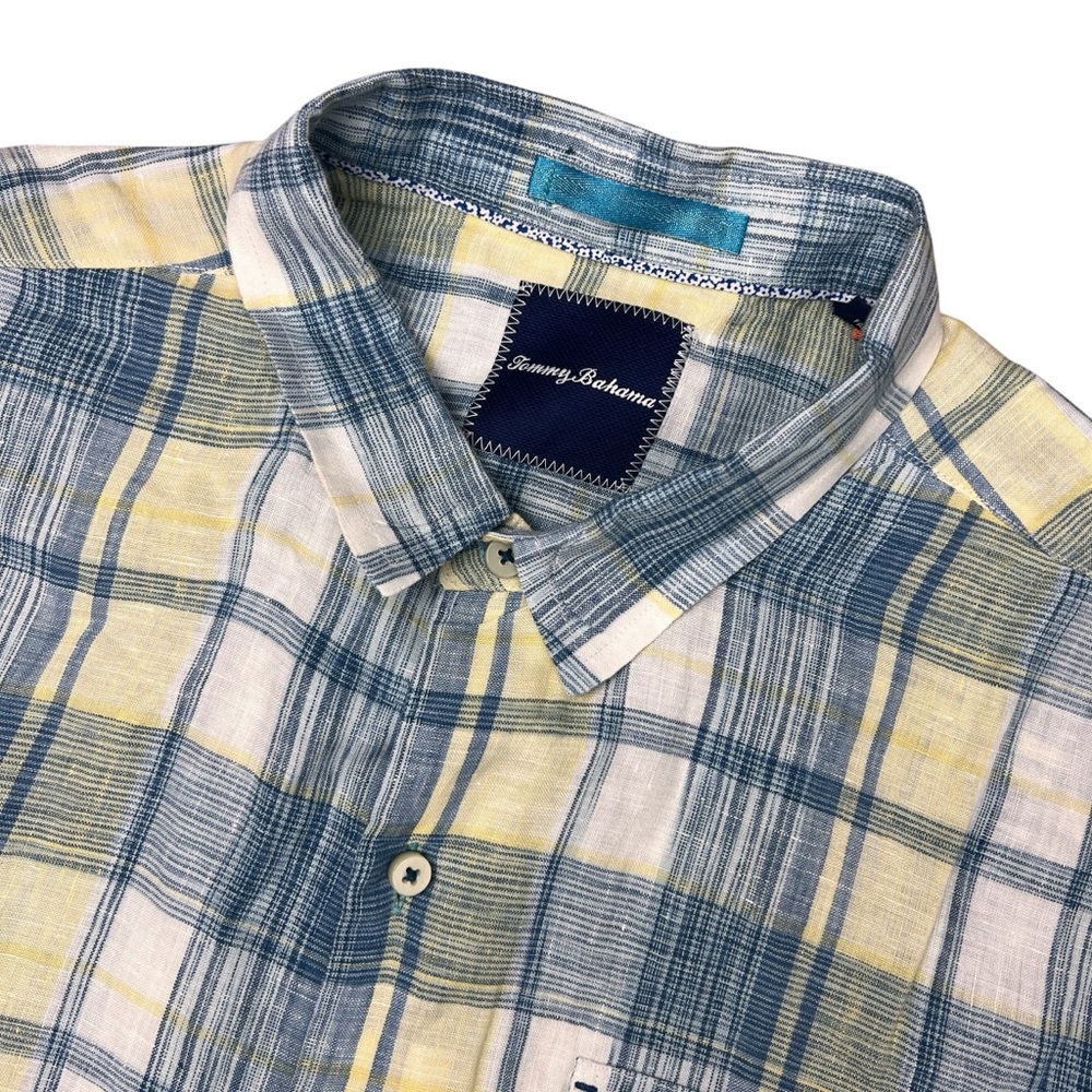 Tommy Bahama Linen Shirt Men’s XL Short Sleeve‎ Button Up Plaid Blue Yellow